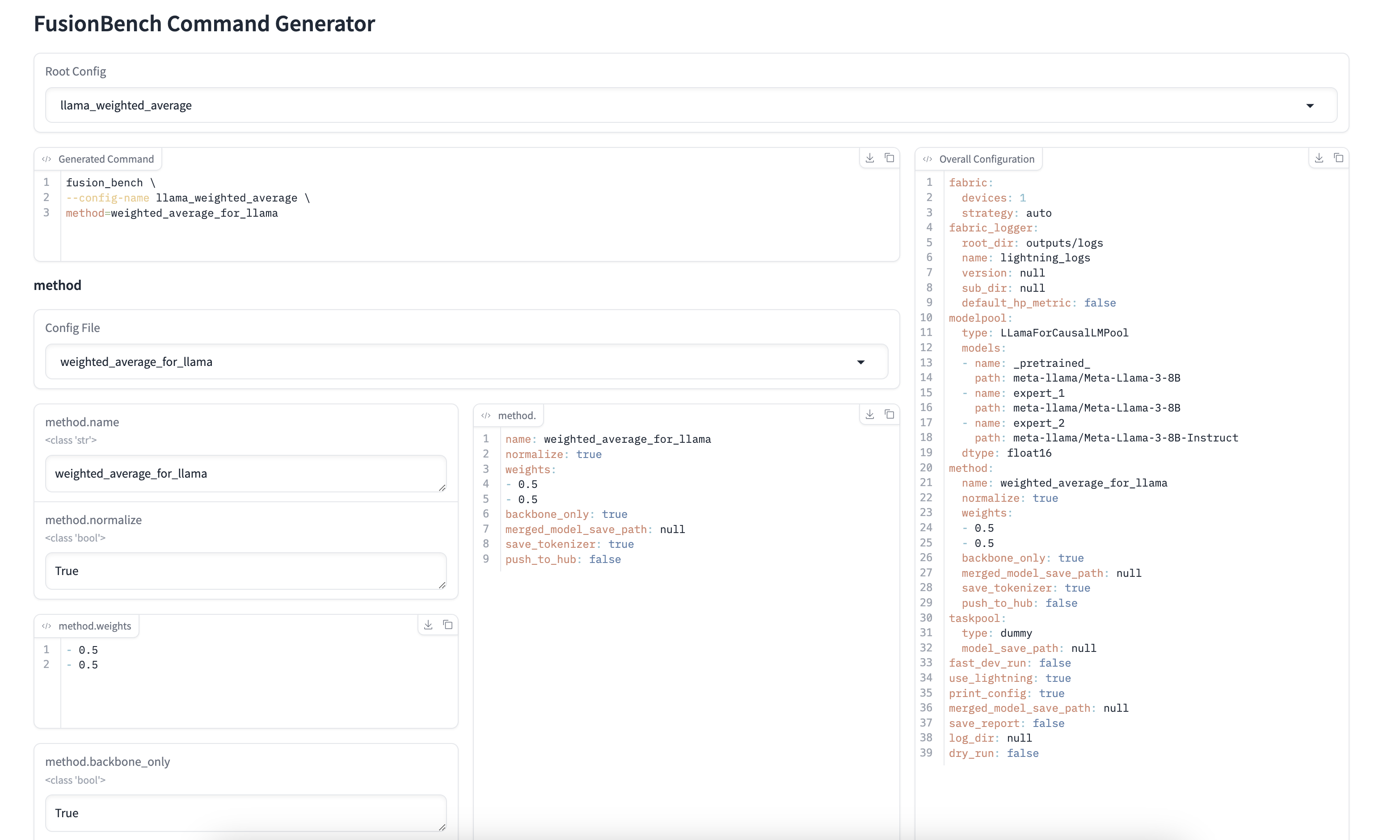 FusionBench Command Generator Web Interface